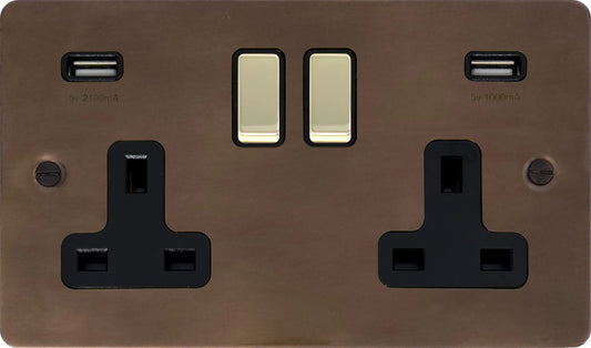 Flat Medium Bronze 2 Gang Socket C/W Usb Ports
