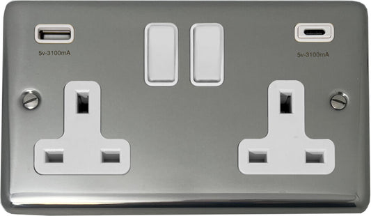 Contour Polished Steel 2 Gang Socket + USBC