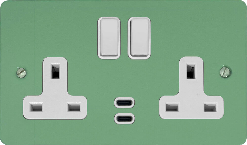 Flat Sage Green 2 Gang Socket with USBC (White Switches)