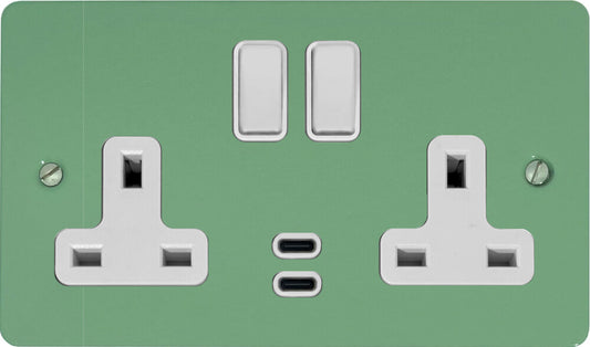 Flat Sage Green 2 Gang Socket with USBC (White Switches)