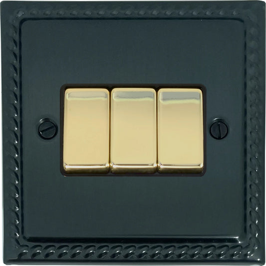 Georgian Black Bronze 3 Gang Switch (Polished Brass Switches) - Georgian range electrical switch