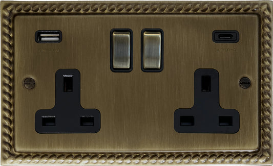 Georgian Antique Brass 2 Gang USBC Socket (Brass Switches)