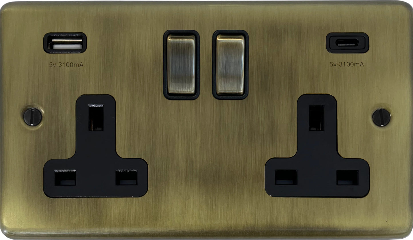 Contour Light Antique Brass 2 Gang USBC Socket