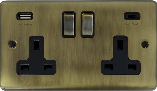 Contour Light Antique Brass 2 Gang USBC Socket