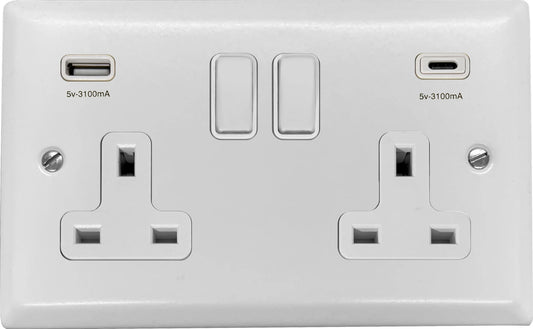 Spectrum Flat White 2 Gang Socket C/W USBC Ports