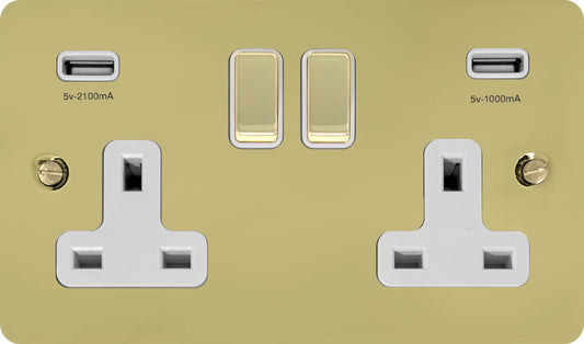 Flat Polished Brass 2 Gang Socket C/W Usb Ports