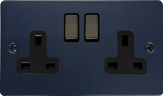 Flat Blue  2 Gang Socket (Black Nickel Switches/Black Inserts)