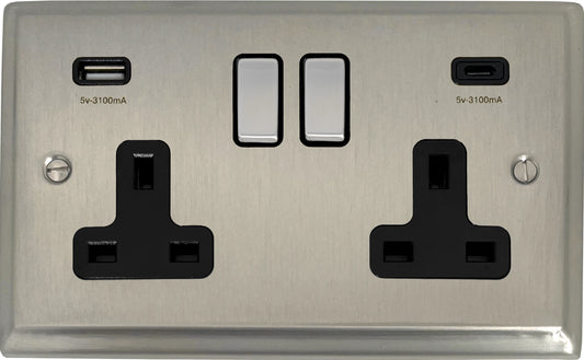 Deco Satin Nickel 2 Gang Socket C/W USBC