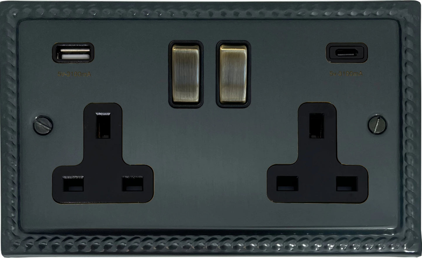 Georgian Black Bronze 2 Gang USBC Socket (Antique Brass Switches)