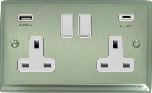 Deco Satin Nickel 2 Gang Socket C/W USBC
