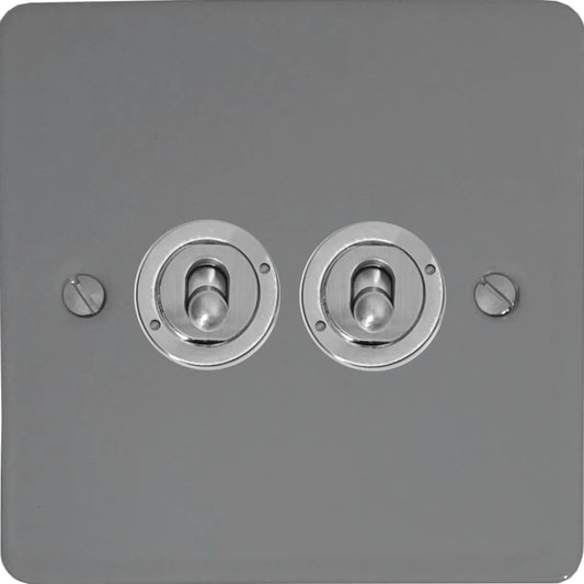 Flat Light Grey 2 Gang Toggle (Brushed Steel Toggle)