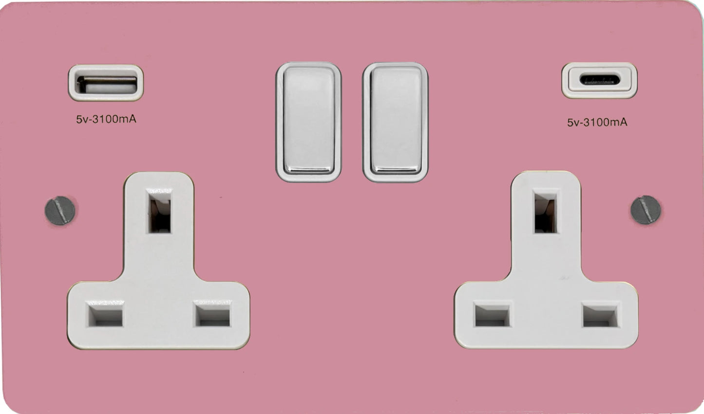 Flat Gloss Pink 2 Gang Socket with USBC (Polished Chrome Switches/White Inserts)