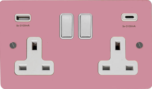 Flat Gloss Pink 2 Gang Socket with USBC (Polished Chrome Switches/White Inserts)