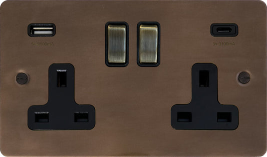 Flat Medium Bronze 2 Gang Socket C/W USB-C