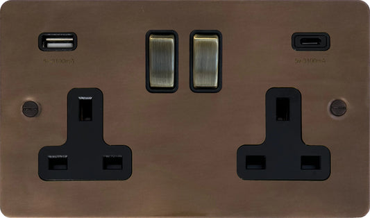 Flat Medium Bronze 2 Gang Socket C/W USB-C