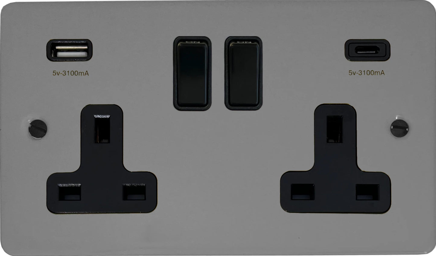 Flat Light Grey  2 Gang Socket with USBC