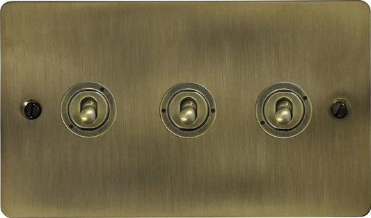 Flat Light Antique Brass 3 Gang Toggle Switch