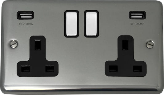 Contour Polished Steel 2 Gang Socket + Usb