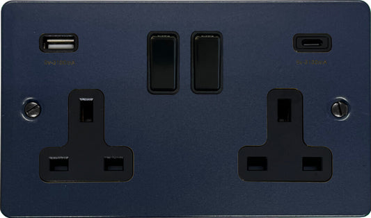 Flat Blue 2 Gang Socket with USBC (Black Switches)