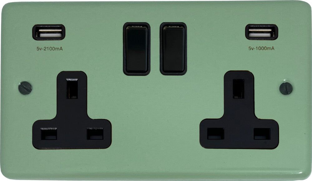 Classic  Sage Green 2 Gang Socket with USB (Black Switches)
