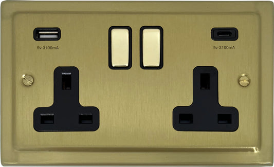 Trimline Satin Brass 2 Gang Socket C/W USBC Ports