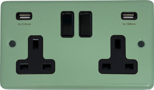 Classic  Sage Green 2 Gang Socket with USB (Black Switches)