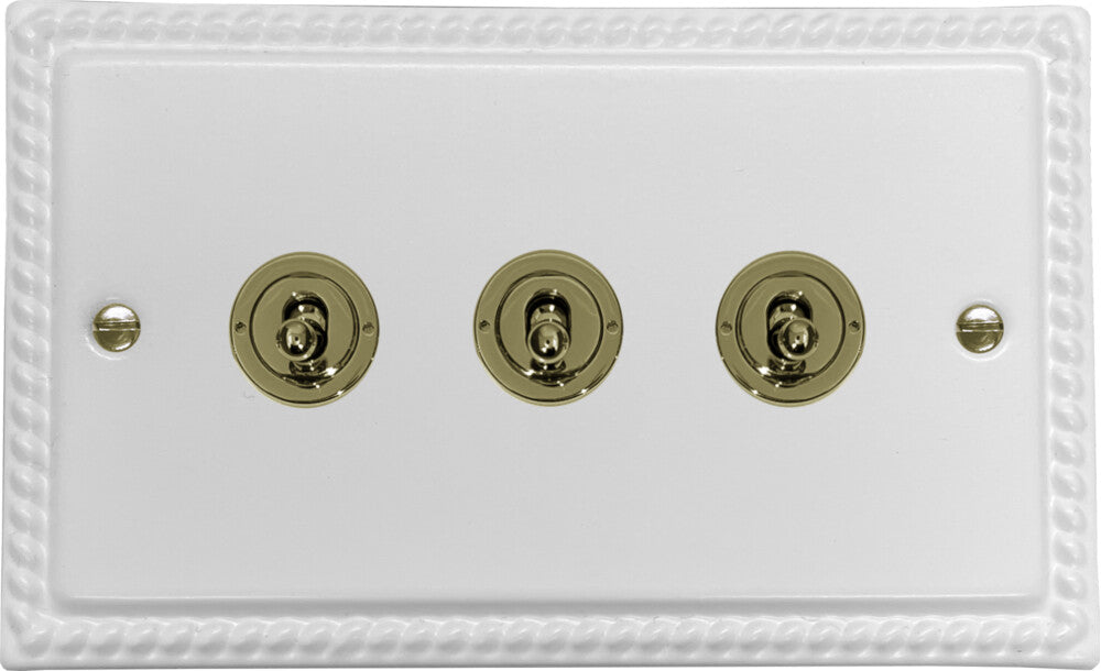 Georgian Flat White 3 Gang  Toggle Switch (Polished Brass Toggle)
