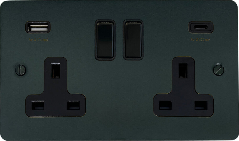Flat  Black Bronze  2 Gang Socket with USBC