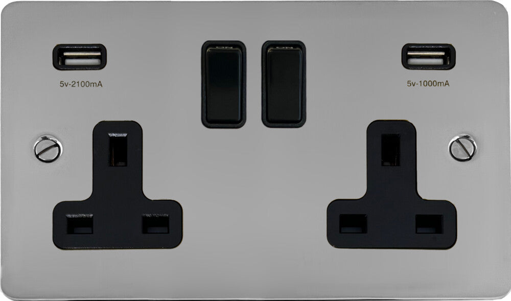Flat Polished Chrome 2 Gang Socket with USB