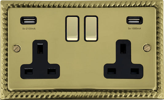 Georgian Polished Brass 2 Gang Socket C/W Usb Ports