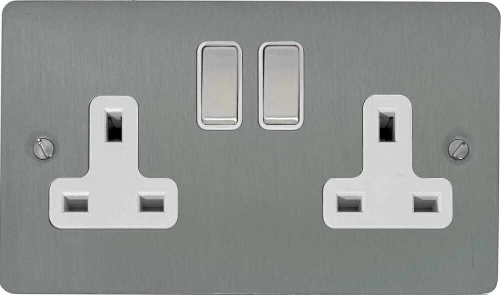 Flat  Brushed Steel  2 Gang Socket
