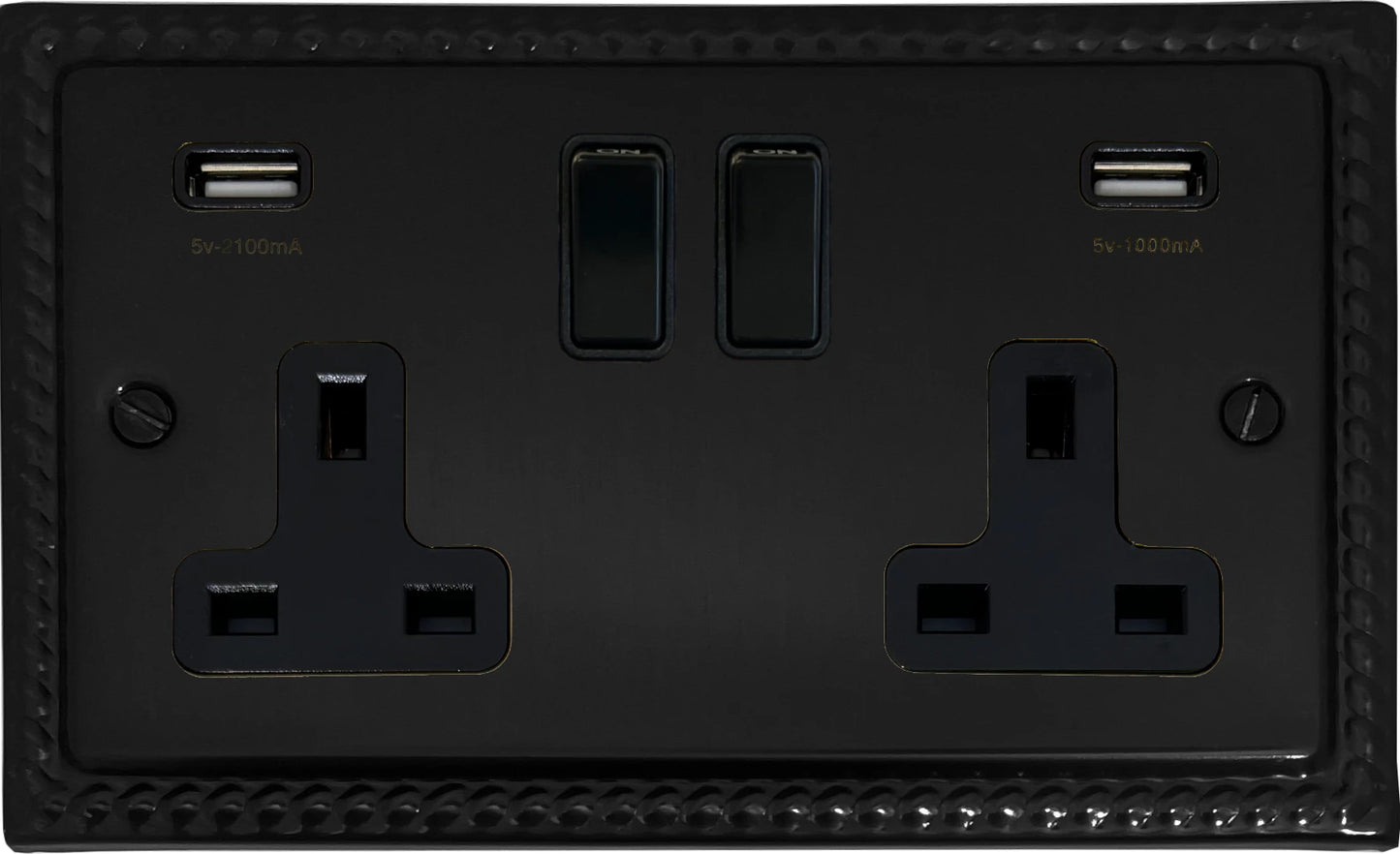 Monarch Flat Black  2 Gang Socket with USB