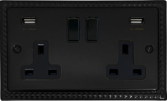 Monarch Flat Black  2 Gang Socket with USB