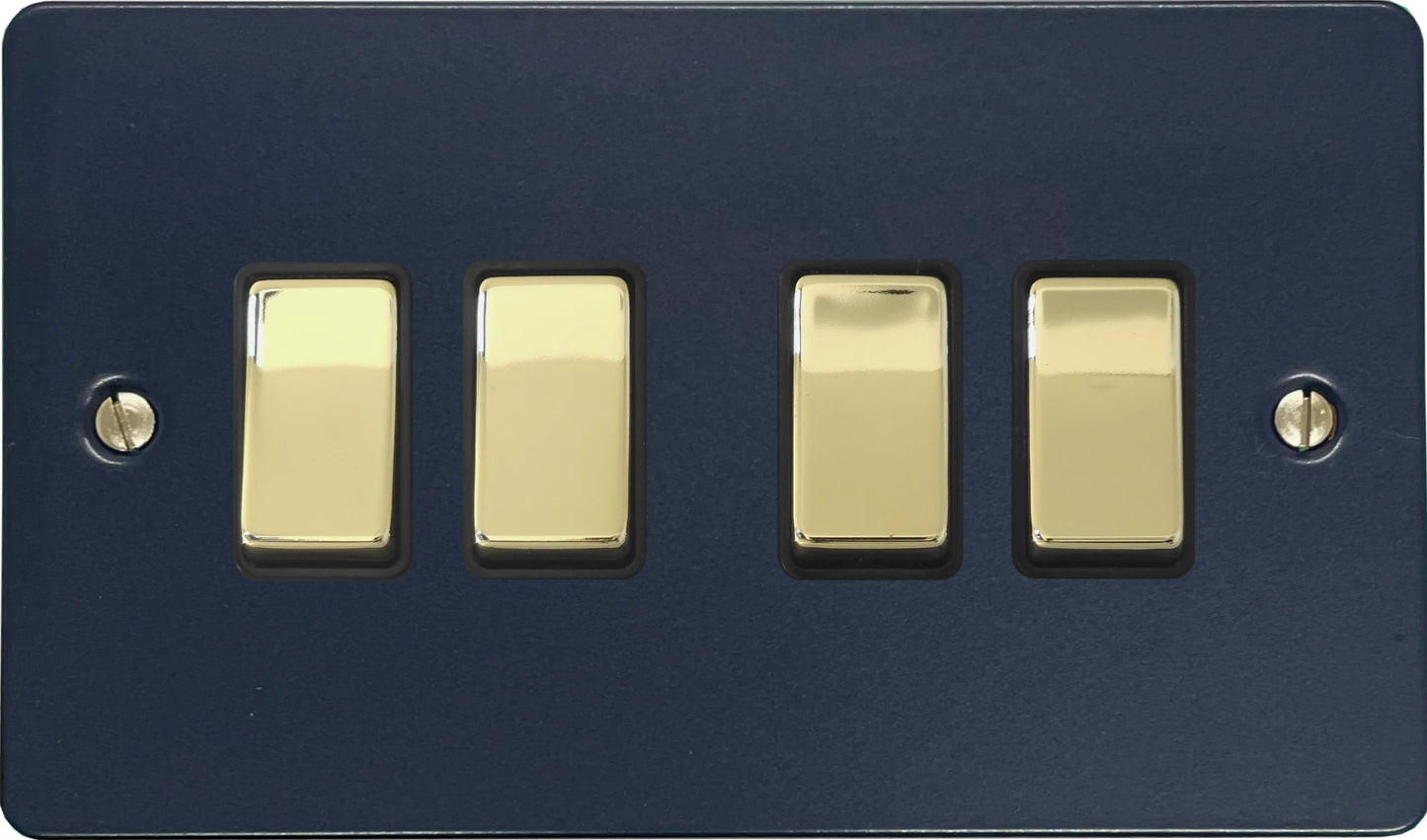 Flat Blue 4 Gang Switch (Polished Brass Switches/Black Inserts)