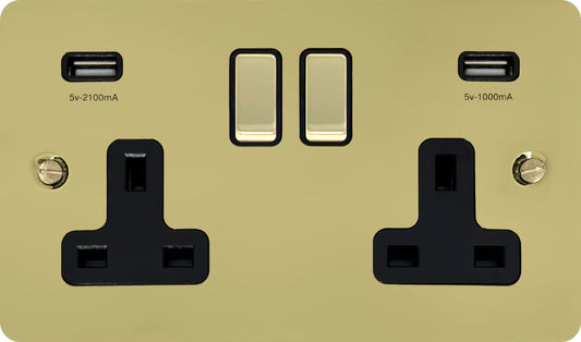 Flat Polished Brass 2 Gang Socket with USB