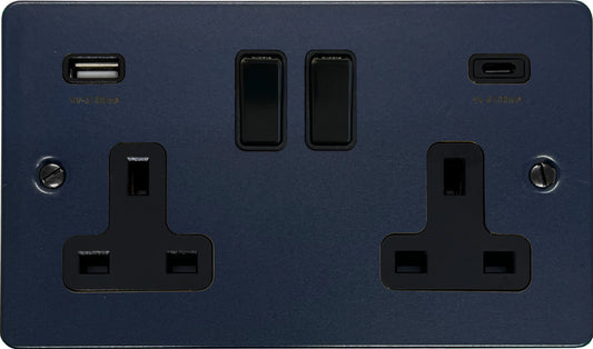 Flat Blue 2 Gang Socket with USBC (Black Switches)