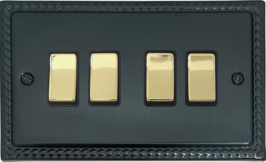 Georgian Black Bronze 4 Gang Switch (Polished Brass Switches) - Georgian range electrical switch