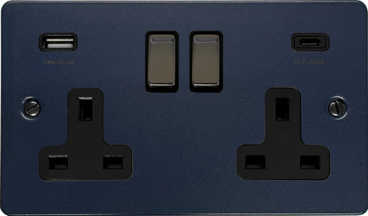 Flat Blue 2 Gang Socket with USBC (Black Nickel Switch/Black Insert)