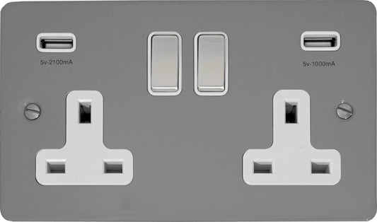 Flat Light Grey 2 Gang Socket C/W Usb Ports