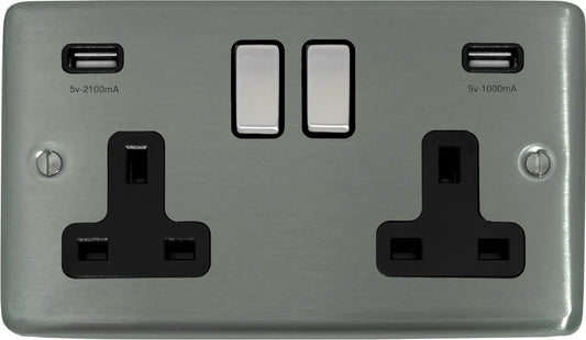 Contour Brushed Steel 2 Gang Socket + Usb