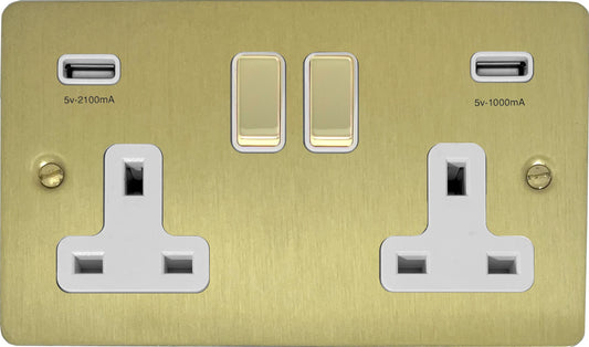 Flat Satin Brass 2 Gang Socket C/W Usb Ports