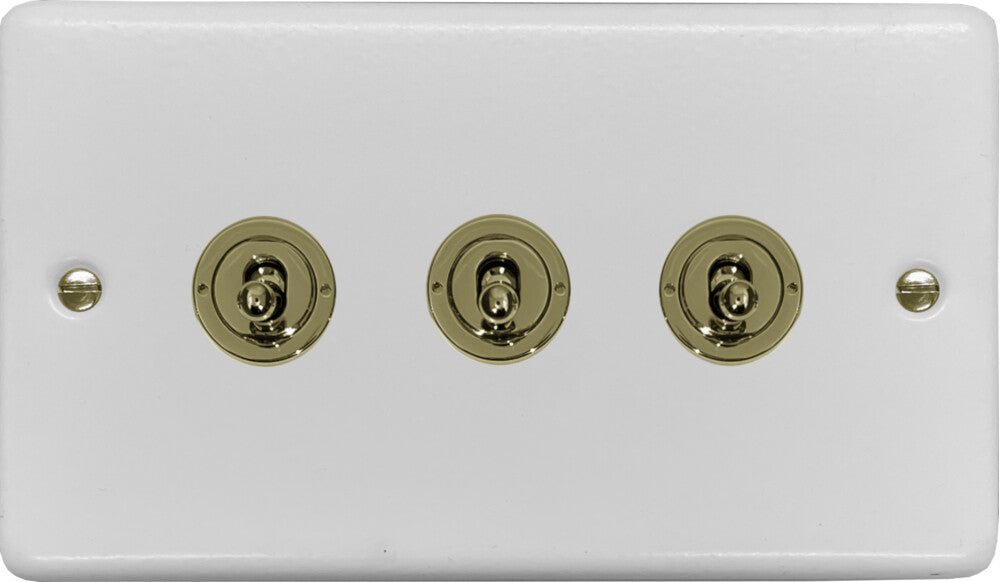 Contour Flat White 3 Gang Toggle (Polished Brass Toggle)