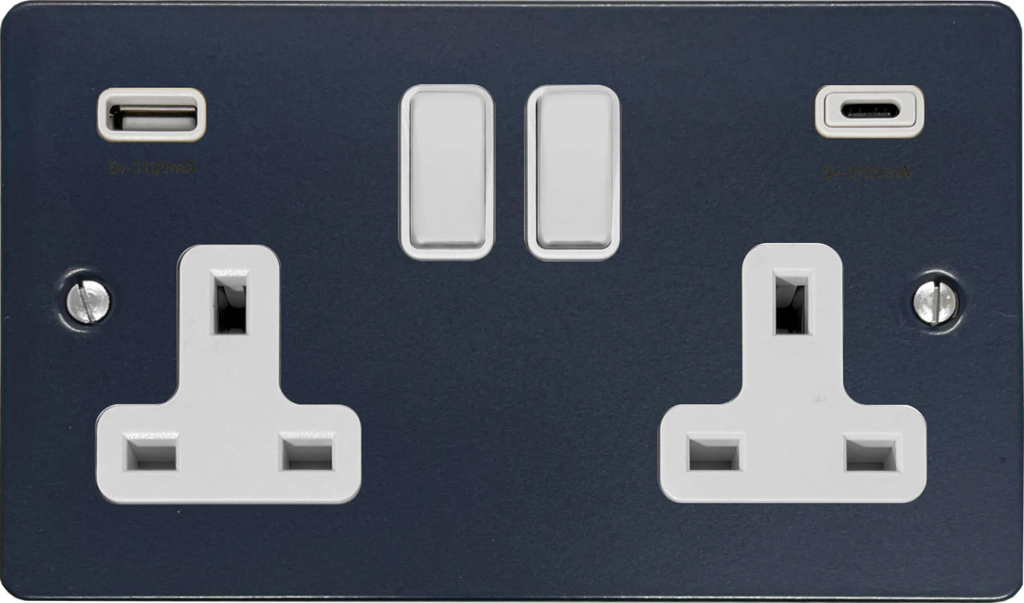Flat Blue 2 Gang Socket with USBC (White Switches)
