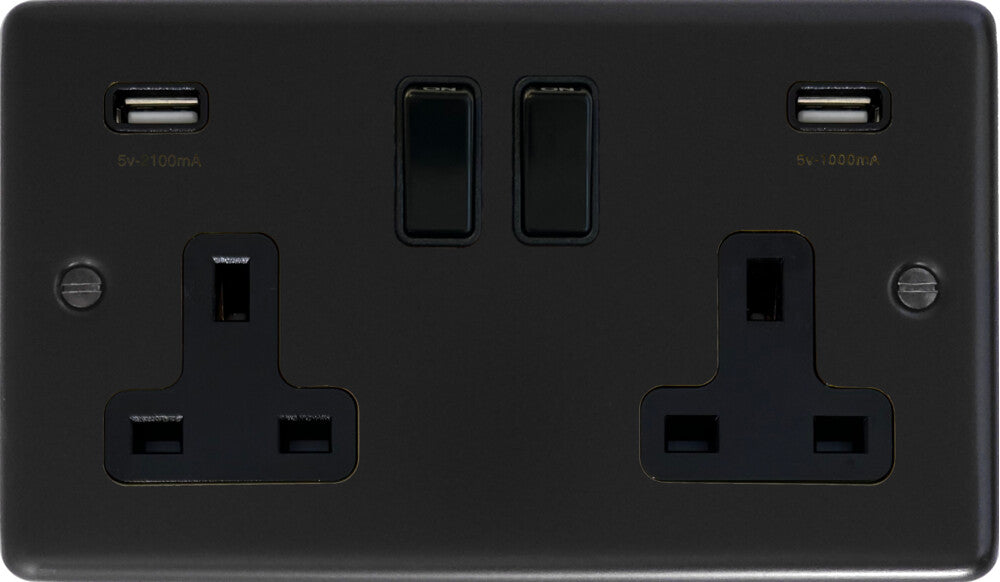 Contour  Flat Black  2 Gang Socket with USB (Black Switches)