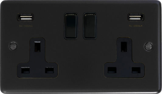 Contour  Flat Black  2 Gang Socket with USB (Black Switches)