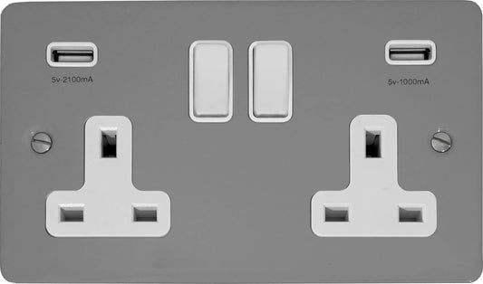 Flat Light Grey 2 Gang Socket C/W Usb Ports