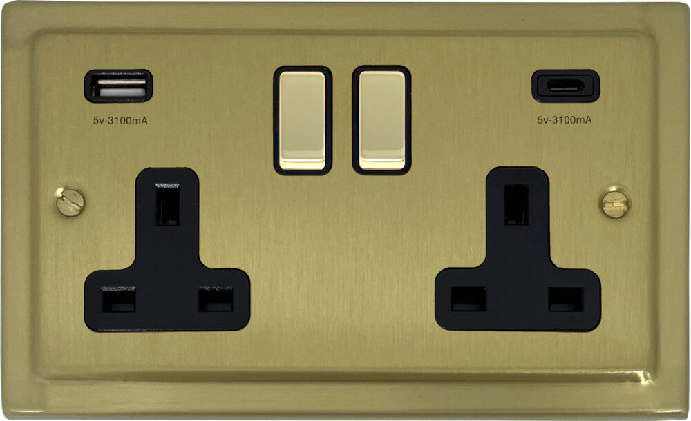 Victorian Satin Brass 2 Gang Socket C/W USBC Ports