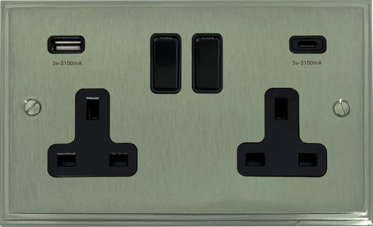Victorian  Satin Nickel  2 Gang Socket with USBC