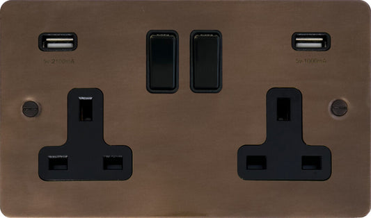 Flat  Medium Bronze  2 Gang Socket with USB