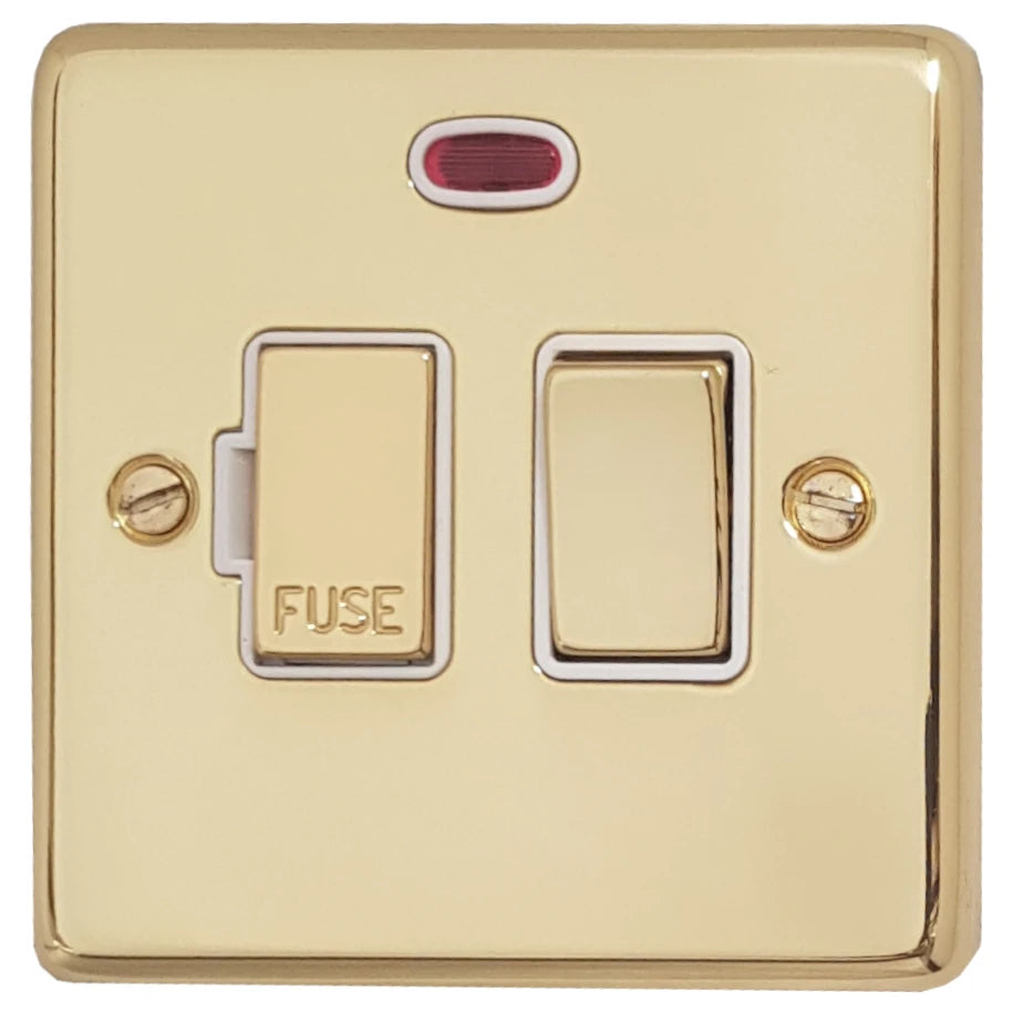 Contour Polished Brass Switched Fuse Spur with Neon (White Insert/ Brass Switch)